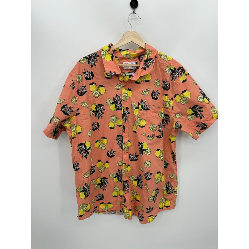 Hurley Button Down Shirt Men XXL Orange Lemon Tropical Stretch Fit Short Sleeve
